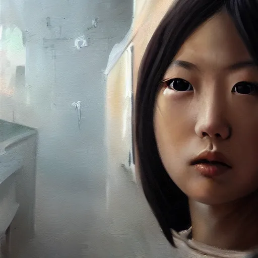 Image similar to a perfect, realistic professional oil painting in ancient Roman style, of a Japanese schoolgirl posing in a dystopian alleyway, close-up, by a professional American senior artist on ArtStation, a high-quality hollywood-style concept