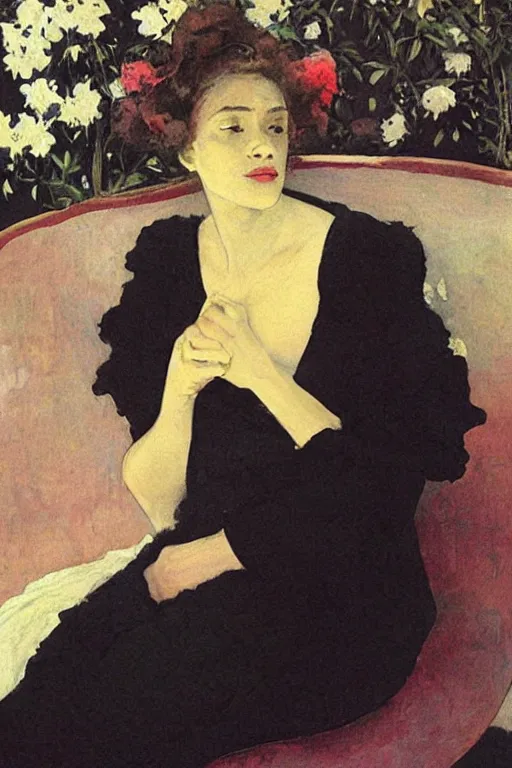 Image similar to black woman in a gown laying on couch, bloom flowers, modern, eclectic, illustration, by ramon casas