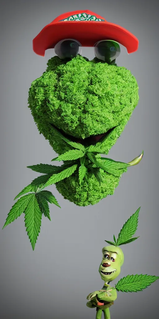 Image similar to funny marijuana character made from a bud, like iamgrout, in an 8k render, photorealistic, with high detail, rendering with octane + ray tracing - illumination, very sharp, ultra sharp, focused