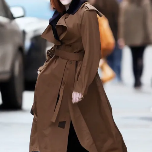 Prompt: 4 k award - winning still of evan rachel wood with long dark brown hair with bangs wearing a trench coat walking in new york city