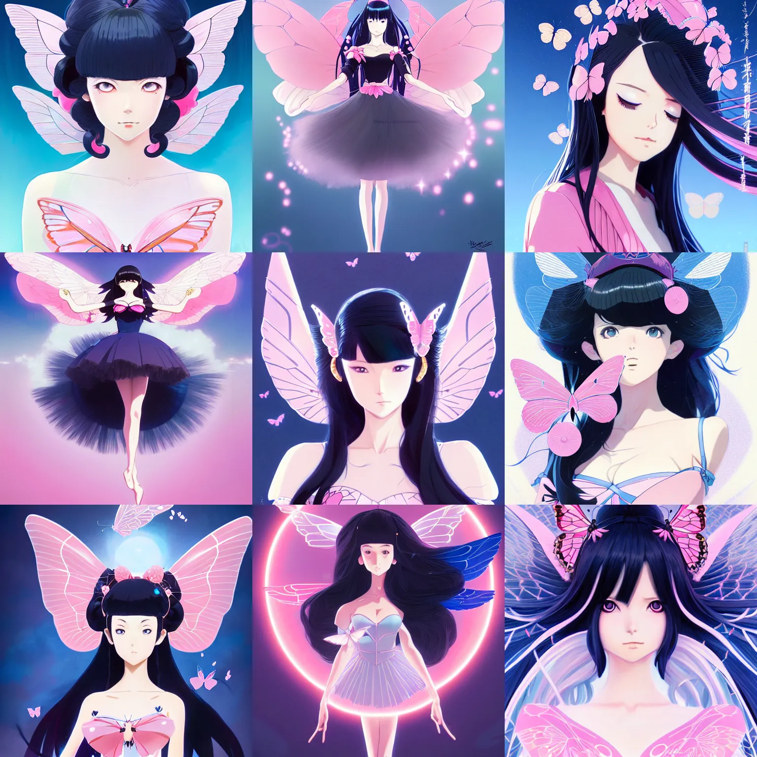 Prompt: illustration of elegant bombshell anime waifu woman with long black hair, blue eyes, pink romantic tutu, butterfly wings. symmetrical face, symmetrical detailed defined eyes, intricate, dance hall background, by wlop and greg rutkowski and makoto shinkai and studio ghibli and kyoto animation