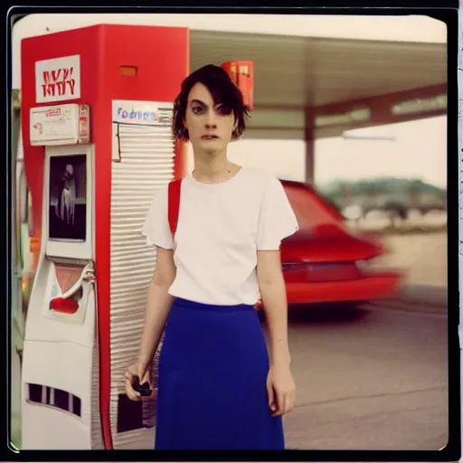 Image similar to polish woman with short hair wearing an issey miyake shirt and skirt at a gas station, polaroid, by nan goldin, jamel shabbaz, gregg araki