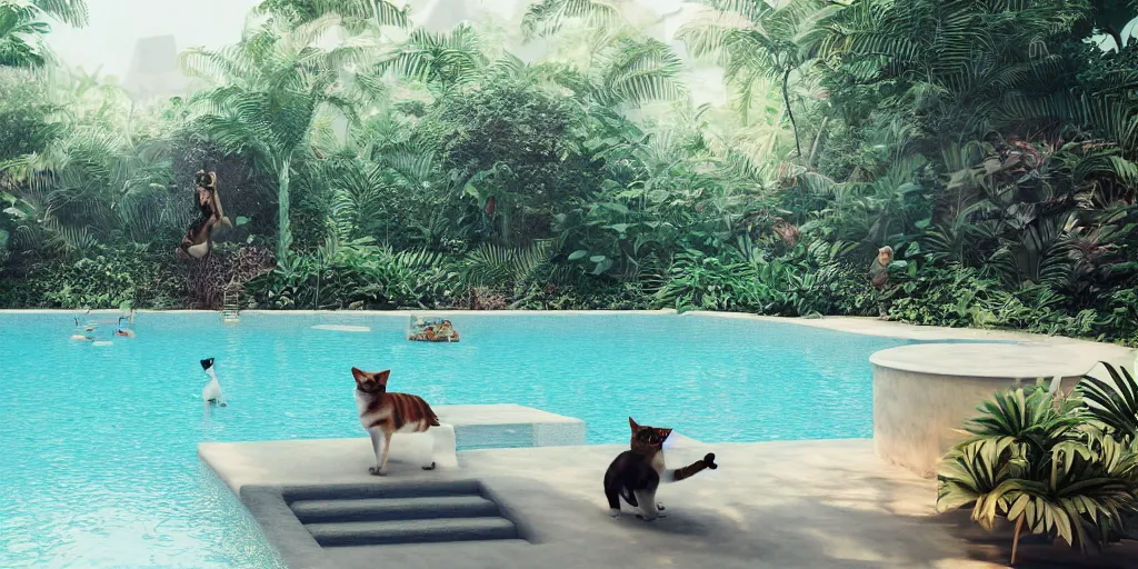 Image similar to swimming pool in the middle of the jungle a cat and a dog playing around , beach chair , octane render