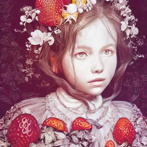 Image similar to the portrait of an absurdly beautiful, graceful, elegant, sophisticated, fashionable little girl made of strawberries and white petals looking down, an ultrafine hyperdetailed illustration by kim jung gi, irakli nadar, intricate linework, bright colors, octopath traveler, final fantasy, unreal engine 5 highly rendered, global illumination, radiant light, detailed and intricate environment