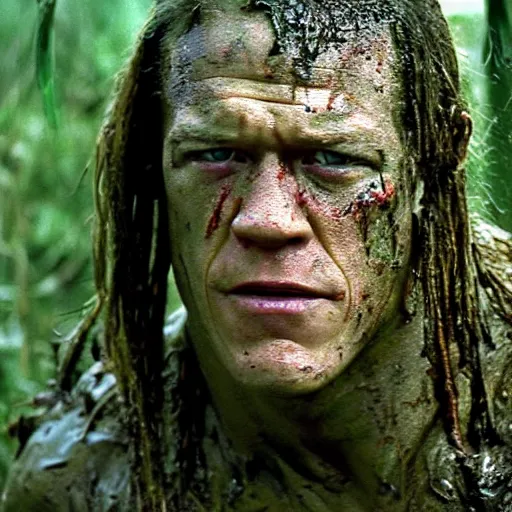 Prompt: film still of john cena as major dutch, covered in mud, hiding from the predator a few feet away from him in swamp scene in 1 9 8 7 movie predator, hd, 8 k