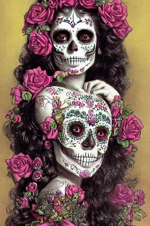 Prompt: Illustration of a sugar skull day of the dead girl, art by hans zatzka