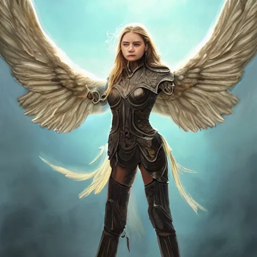 Image similar to portrait of young aasimar angel valkyrie warrior girl maiden wearing comfy leather armor with beautiful feathered angel wings, blue eyes, Chloe Moretz, Natalie Portman, Emily Ratajkowski, innocent, intricate, elegant, highly detailed, ultradetailed, hyperdetailed, artstation, concept art, smooth, sharp focus, illustration, art by artgerm and greg rutkowski and Rossdraws and Bluesssatan and Mandy Jurgens