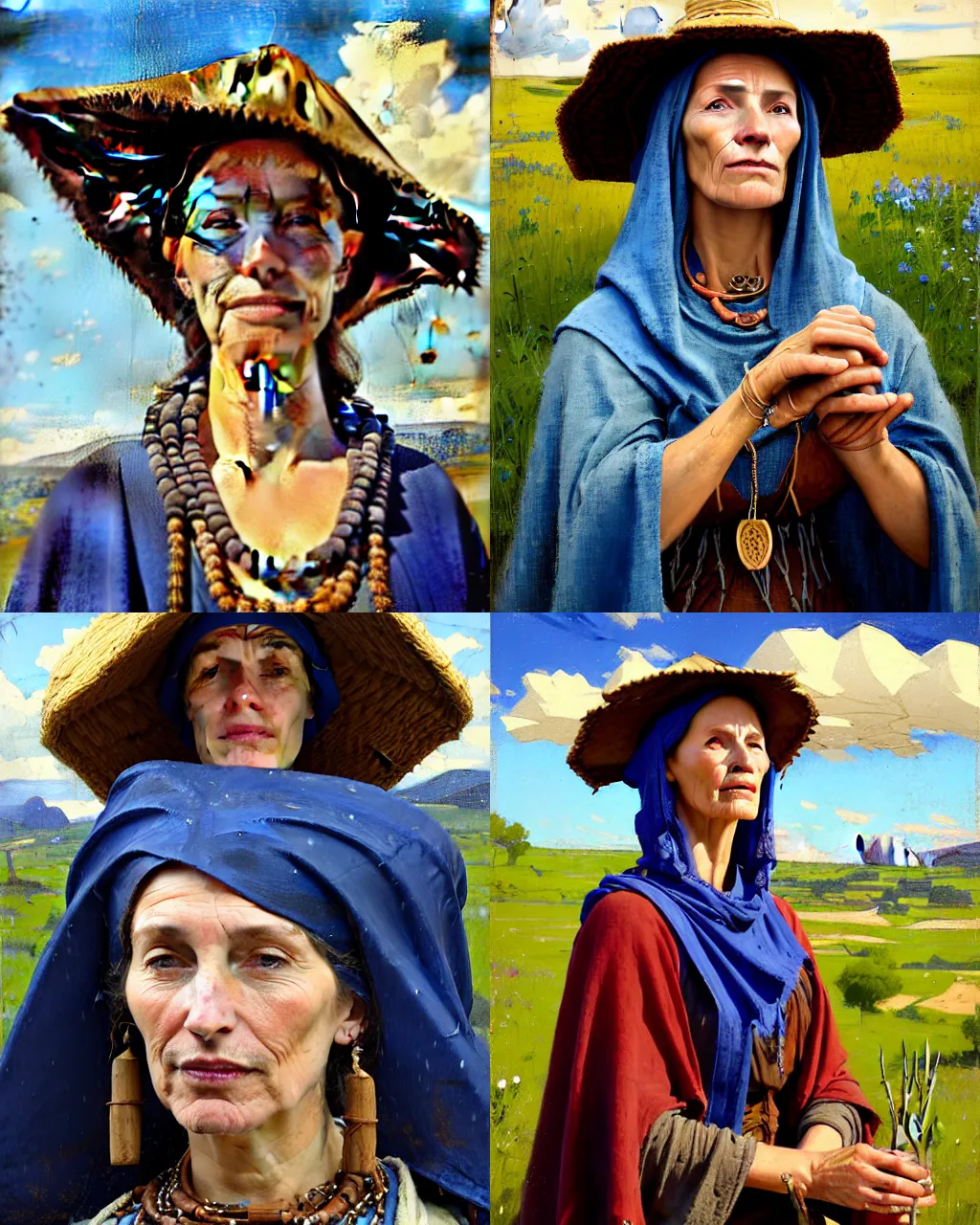 Image similar to portrait of medieval farmer woman with wooden jewelry, mediterranean features, wearing rich jewerly hat and deep blue boho poncho, fantasy character close up portrait, sitting dynamic pose, Low poly, thunder clouds in the sky, artwork by Jeremy Lipkin and Giuseppe Dangelico Pino and Michael Garmash and rob rey, levitation, industrial rusty pipes, simple form, brutal shapes