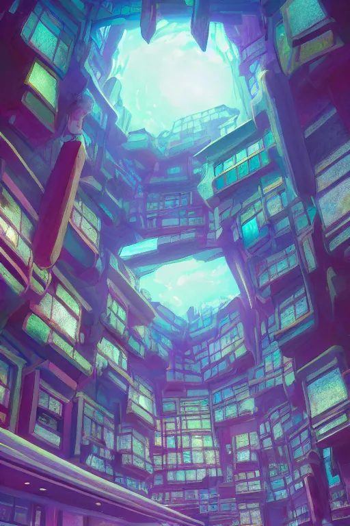 Image similar to cave city inception reflected on ceiling 4 k digital paint by studio ghibli hayao miyazaki. vivid colours, vaporwave lighting style, very sharp and detailed. trending on artstation and behance.