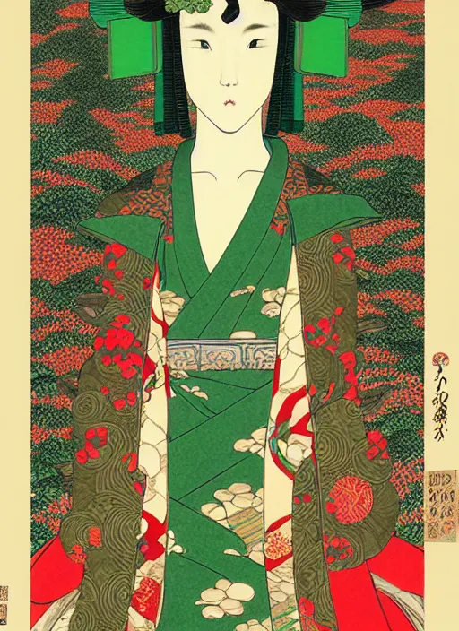 Image similar to a beautiful ukiyo - e portrait of a beautiful elven queen with long red hair, wearing green, red and gold ornate dress, golden intricate crown. detailed symmetrical close up portrait, intricate complexity, concept art, by takato yamamoto, wlop, krenz cushart. cinematic dramatic atmosphere, sharp focus