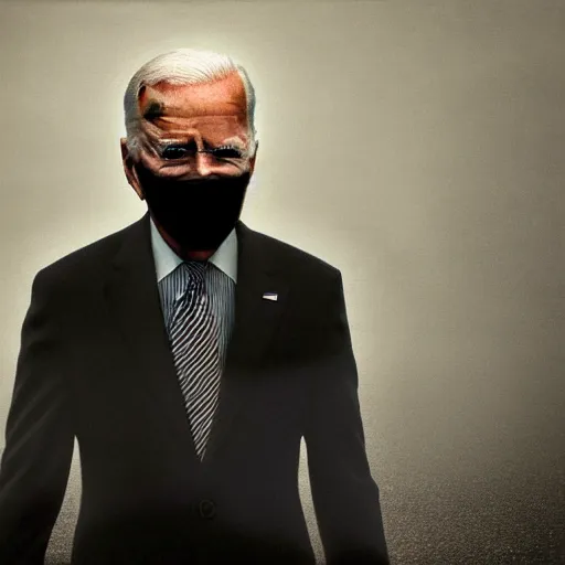 Image similar to creepy joe biden appearing from the shadows, hyper realism, horror, terror, shawody, dark lighting, mist, fog, smoke, scary,