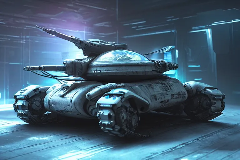 Image similar to cyberpunk alien concept inspired tank, futuristic look, highly detailed body, very powerful, photorealistic camera shot, bright studio setting, studio lighting, crisp quality and light reflections, unreal engine 5 quality render