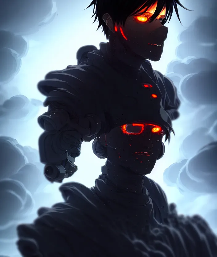 Image similar to a detailed manga illustration character full body portrait of a dark haired cyborg anime man shrouded in clouds of dark smoke and fire, trending on artstation, digital art, 4 k resolution, detailed, high quality, sharp focus, hq artwork, insane detail, concept art, character concept, character illustration, full body illustration, cinematic, dramatic lighting