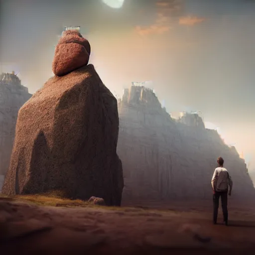 Image similar to a man standing in front of a giant rock, a matte painting by mike winkelmann, cgsociety, fantasy art, matte painting, matte drawing, cryengine