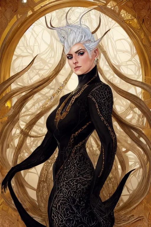 Image similar to fullbody!! of a beautiful woman with white hair, big natural horns on her head, long flowing intricate black lace dress, gold and gemstone jewellery, dnd, face, fantasy, intricate, elegant, highly detailed, digital painting, artstation, concept art, smooth, sharp focus, illustration, art by artgerm and greg rutkowski and alphonse mucha