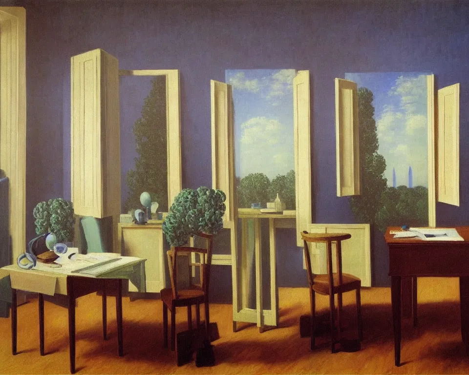 Prompt: achingly beautiful painting of a sophisticated, well - decorated, modern study by rene magritte, monet, and turner. whimsical.