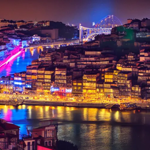 Image similar to cinematic shot of the city of Porto Portugal, with neon lights and flying cars