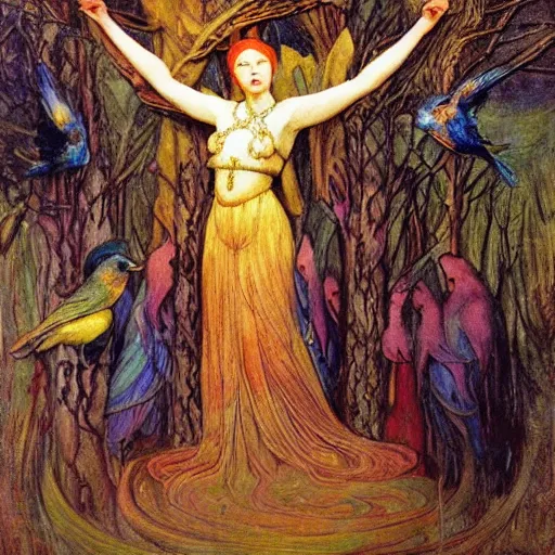 Image similar to the queen of the forest with her birds, by Annie Swynnerton and jean delville and Nicholas Roerich and Tino Rodriguez, elaborately costumed, rich color, dramatic cinematic lighting, extremely detailed