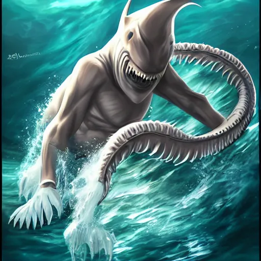 Prompt: joe biden sharkman, animal transformation, lovecraftian sea creature, swimming, furry by artgerm