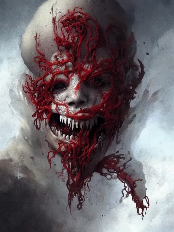 Image similar to painting by greg rutkowski of a flying sorrowful looking human head with tears running down it's eyes, face that is chalk white in color, with long sprawling white tentacles stemming down it's neck, fiery scorching red eyes, flying in a terrying hellish dark cavernous place