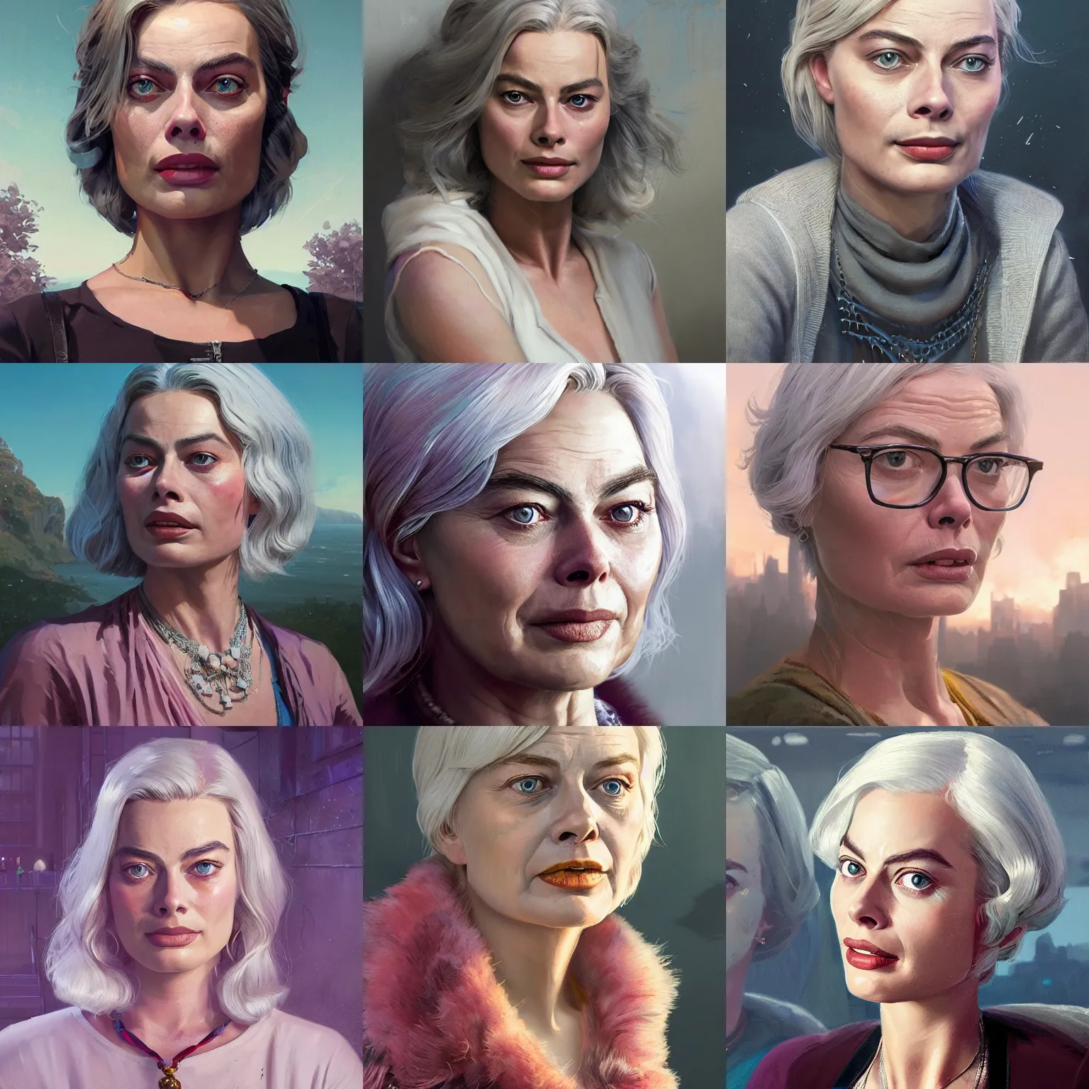 Prompt: highly detailed portrait grany margot robbie at her 8 0 age in gta v, stephen bliss, unreal engine, fantasy art by greg rutkowski, loish, rhads, ferdinand knab, makoto shinkai and lois van baarle, ilya kuvshinov, rossdraws, tom bagshaw, global illumination, radiant light, detailed and intricate environment