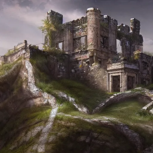 Image similar to Concept art of an abandoned ancient castle on top of a mountain, completely in ruin, like roman ruin, waterfall flowing from the stone, cracks on the side, extremely detailed digital art, trending on ArtStation, 4k, wallpaper