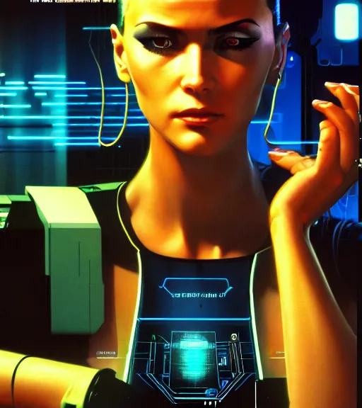 Image similar to cable inserted into head, jacked into cyberdeck wrist terminal, very very beautiful cyberpunk woman, computer, 1 9 7 9 omni magazine cover, style by vincent di fate, cyberpunk 2 0 7 7, very coherent, detailed, 4 k resolution, unreal engine, daz