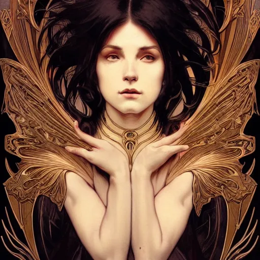 Prompt: A portrait of A beautiful! angel in black flames!! by Ross Tran!! and alphonse mucha and greg rutkowski! and gustav doré!!,In style of digital art illustration.Symmetry.Highly detailed face.Fantasy,smooth,hyper detailed,sharp focus,Soft light.trending on artstation.4k