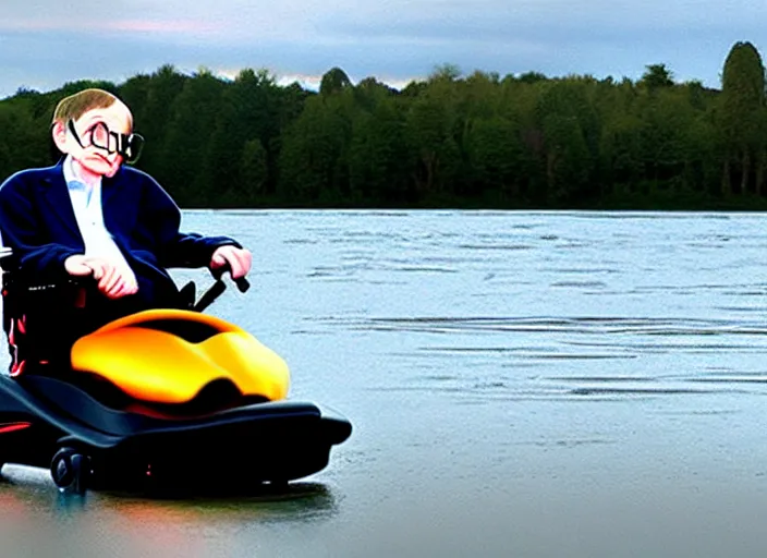 Image similar to stephen hawking wheelchair going across water like a jet ski, realistic, detailed