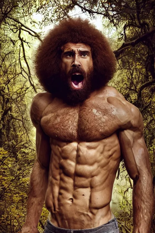 Image similar to portrait of a muscular bob ross screaming, chiseled features, beautiful flowing brown curly hair, mythological, god of nature, defined muscles, artsy photography, film photo, 4 k, model posing, deep tan skin, trending on artstation, fashion photography, yellow eyes, overgrown background, dryad, verdant forest