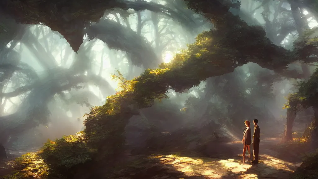 Image similar to a painting of a 3 d virtual landscape, uncanny valley, three point lighting, one soft spotlight on two humans, by yuumei, bayard wu, wlop, tim white, ross tran, 4 k
