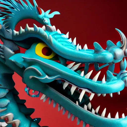 Prompt: closeup 3 d toy chinese bestiary dragon as funco toy, war cry, plastic, sss, octane 4 k render, studio lighting, artstation, cyan photographic backdrop, 1 0 5 mm, f 2. 8 aperture