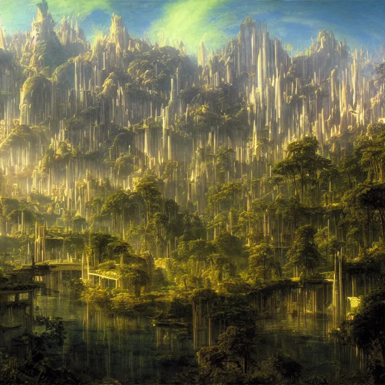 Prompt: a sprawling science fiction city inspired by rivendell, painted by bierstadt and chirico hidden in a forest