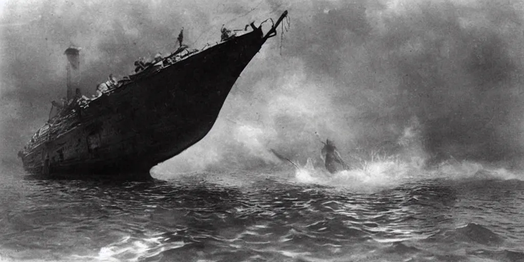 Image similar to a boat being grabbed by a giant underwater hand, 1 9 0 0 s photograph