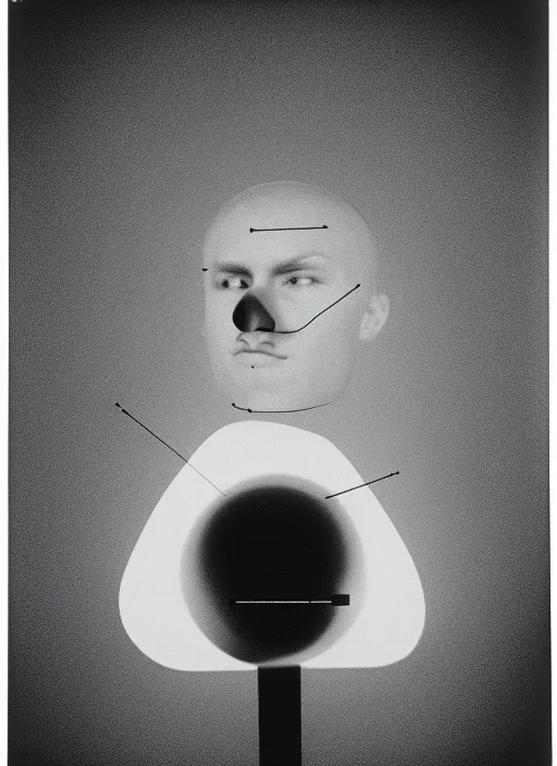Image similar to realistic object photo portrait of face made of black and white ping pong balls, readymade, dadaism, fluxus, man ray, x - ray, electronic microscope 1 9 9 0, life magazine photo