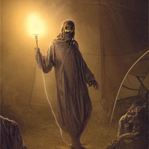 Image similar to a photographic portrait of a humanoid in robes with a halo standing in front of a tent holding a bowl of smoke!! by gustave dore and stephen hickman and allen williams, trending on artstation, cgsociety, 4 k hd, earthtone colors, skulls!! in the smoke, an open canvas tent in the background