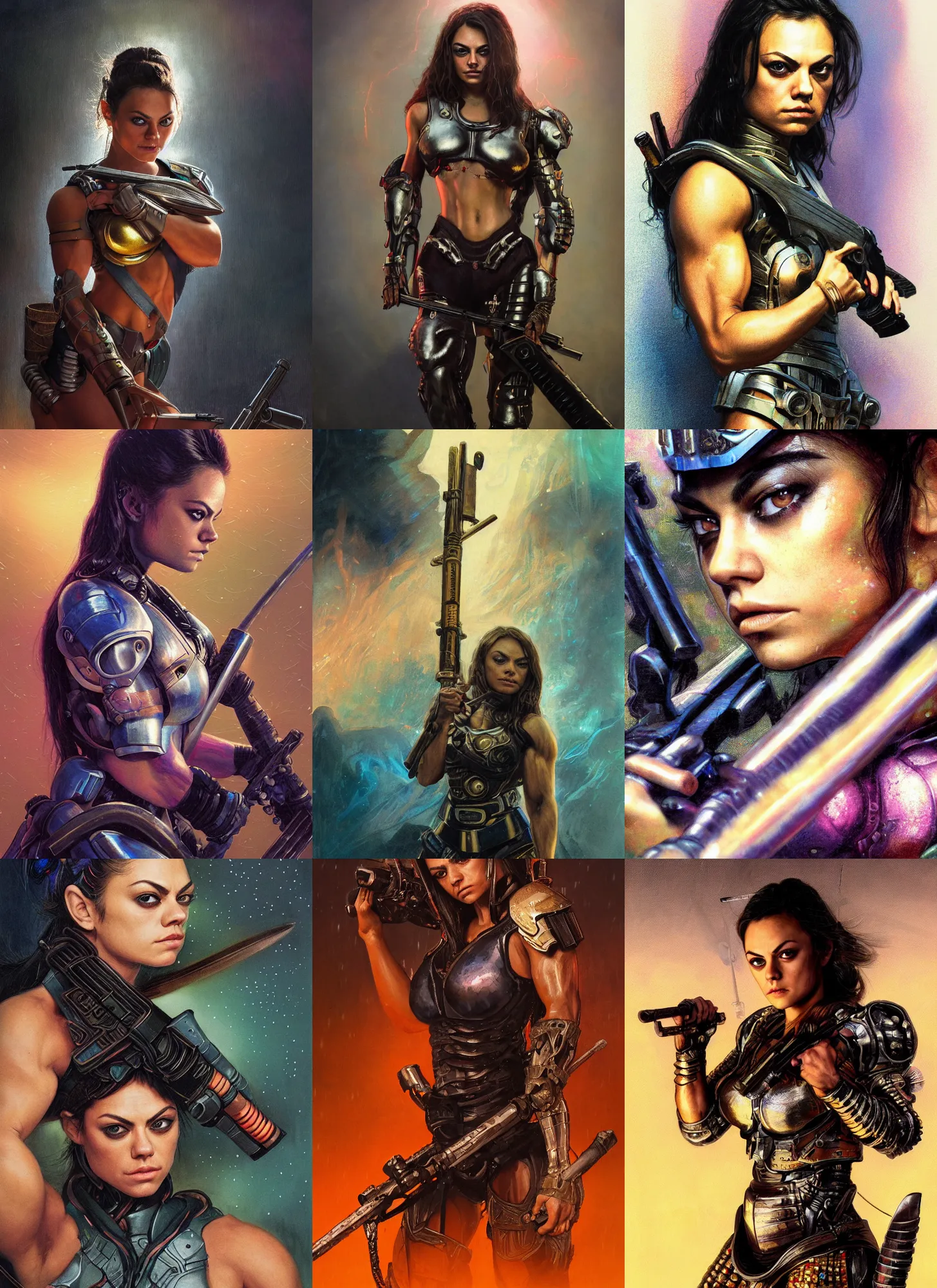 Image similar to bodybuilder mila kunis closeup portrait of a beautiful biblical diabolical samurai girl holding a rifle, cyborg neon armor, foggy fireflies, cinematic studio light, golden hour, gerald brom, mikhail vrubel, peter elson, muted pastel colors, extreme detail, light rain, trending on artstation, 8 k