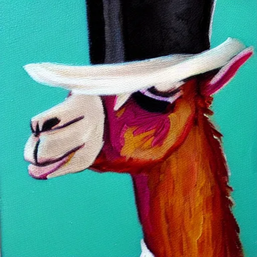 Prompt: an oil painting of a llama wearing a tuxedo and top hat
