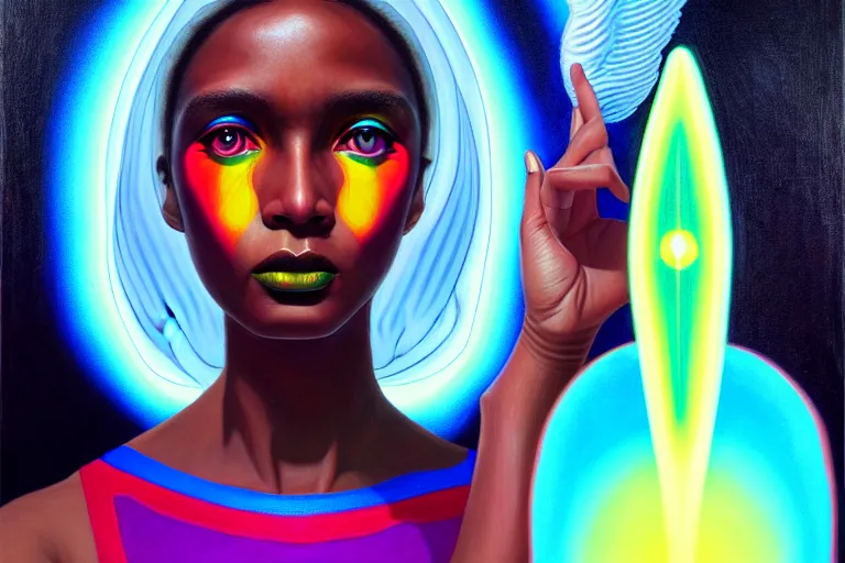 Image similar to patron saint of 🛸🌈👩🏾, futuristic clothing, neon god of city character portrait, in the style of margaret keane, moebius, tom bagshaw, and waterhouse, cinematic lighting, beautiful, elegant, oil painting,