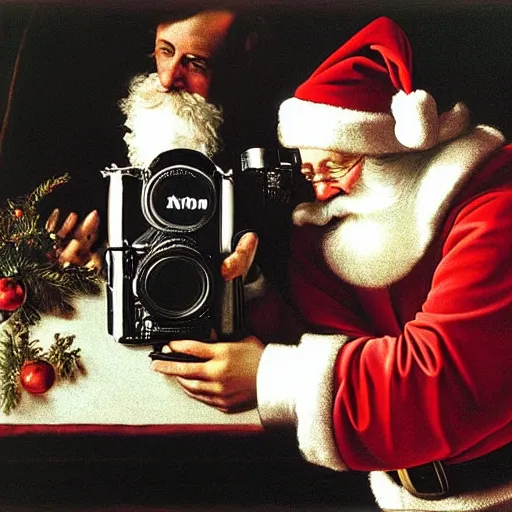 Prompt: Father Christmas taking a photograph with a Nikon camera Painted by Caravaggio