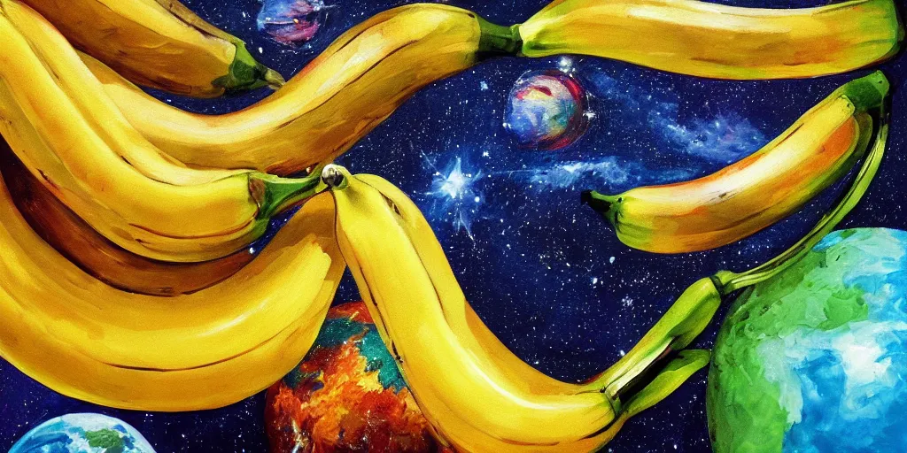 Prompt: banana hat in outer space, acrylic on canvas, breathtaking realistic, photorealistic in the style of realism