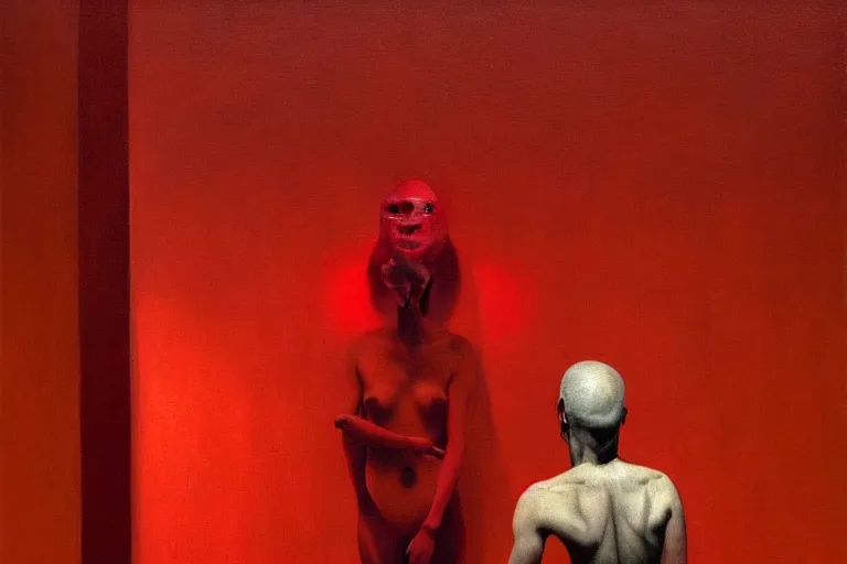 Image similar to only with red, red scammers and art thieves with disney masks, in a museum contemporary art, in the style of beksinski, parts by edward hopper, parts by rodcenko, parts by yue minjun, intricate and epic composition, red by caravaggio, insanely quality, highly detailed, masterpiece, red light, artstation, 4 k