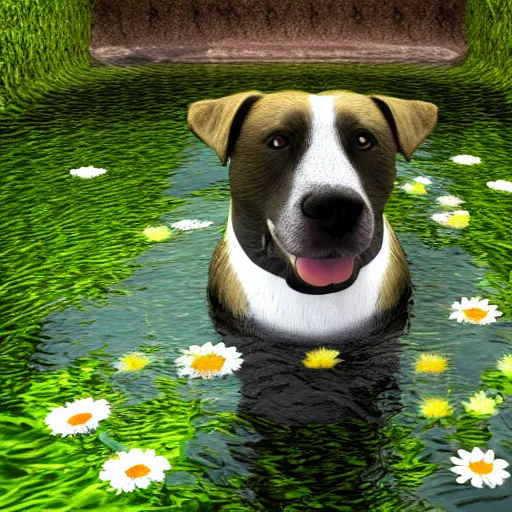 Prompt: dog in a river ultra - realistic with green flower