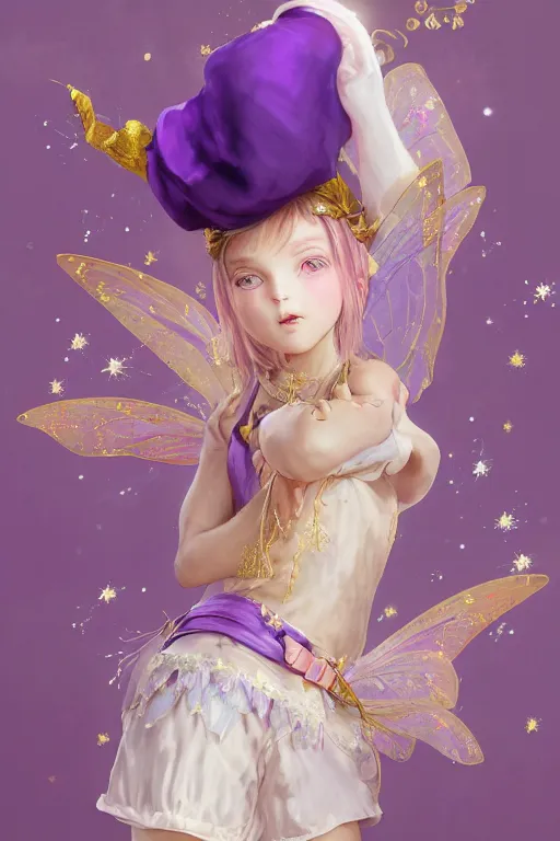 Image similar to Full View fairy maiden with short blond hair wearing an oversized purple Beret, Baggy Purple overall shorts, Short Puffy pants made of silk, silk shoes, a big billowy scarf, Golden Ribbon, and white leggings Covered in stars. covered in embroidery. Short Hair. peasant magic. masterpiece 4k digital illustration by Ruan Jia and Mandy Jurgens and Artgerm and william-adolphe bouguereau, award winning, Artstation, art nouveau aesthetic, Alphonse Mucha background, intricate details, realistic, panoramic view, Hyperdetailed, 8k resolution, intricate art nouveau