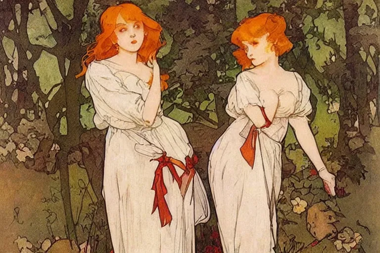 Image similar to beautiful ample redhead in a nightgown with a bow around her waist, mucha