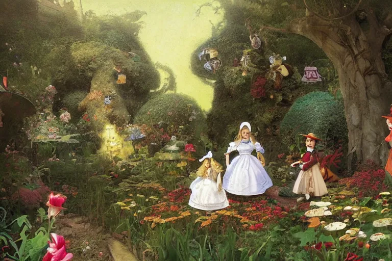 Image similar to alice in wonderland in the garden, john tenniel, normal rockwell, craig mullins, david curtis, carl spitzweg, morgan weistling, chris foss