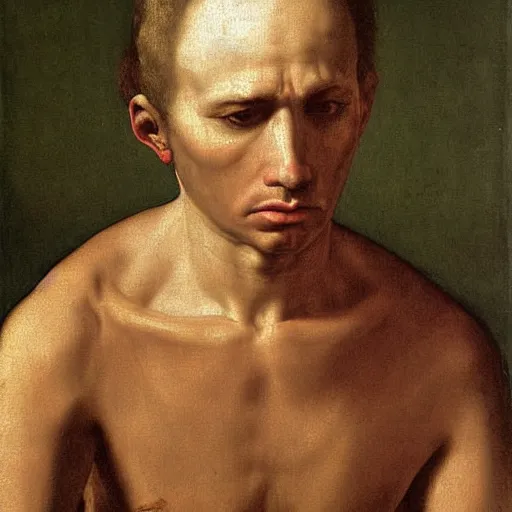Prompt: Mannerism painting portrait of a man crying scared, sadness, fear, and anxiety, by Agnolo Bronzino