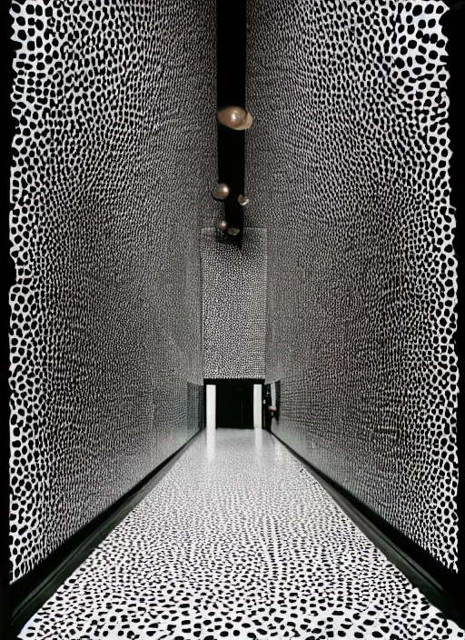 Prompt: a photograph of a symmetrical hallway designed by yayoi kusama, 3 5 mm, film camera, dezeen, architecture