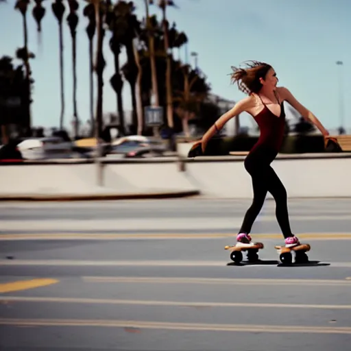 Image similar to a roller skater in a cinematic shot in santa monica, mid - afternoon, canon eos c 3 0 0, ƒ 1. 8, 3 5 mm, 8 k, medium - format print, inspired by roger deakins cinematography