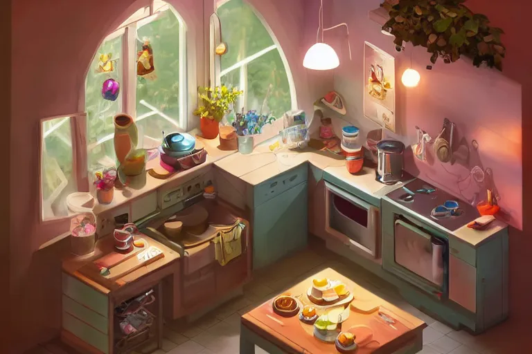 Prompt: cute kitchen, refrigerator, sink, isometric art, bright, artstation, highly detailed, cinematic lighting + masterpiece